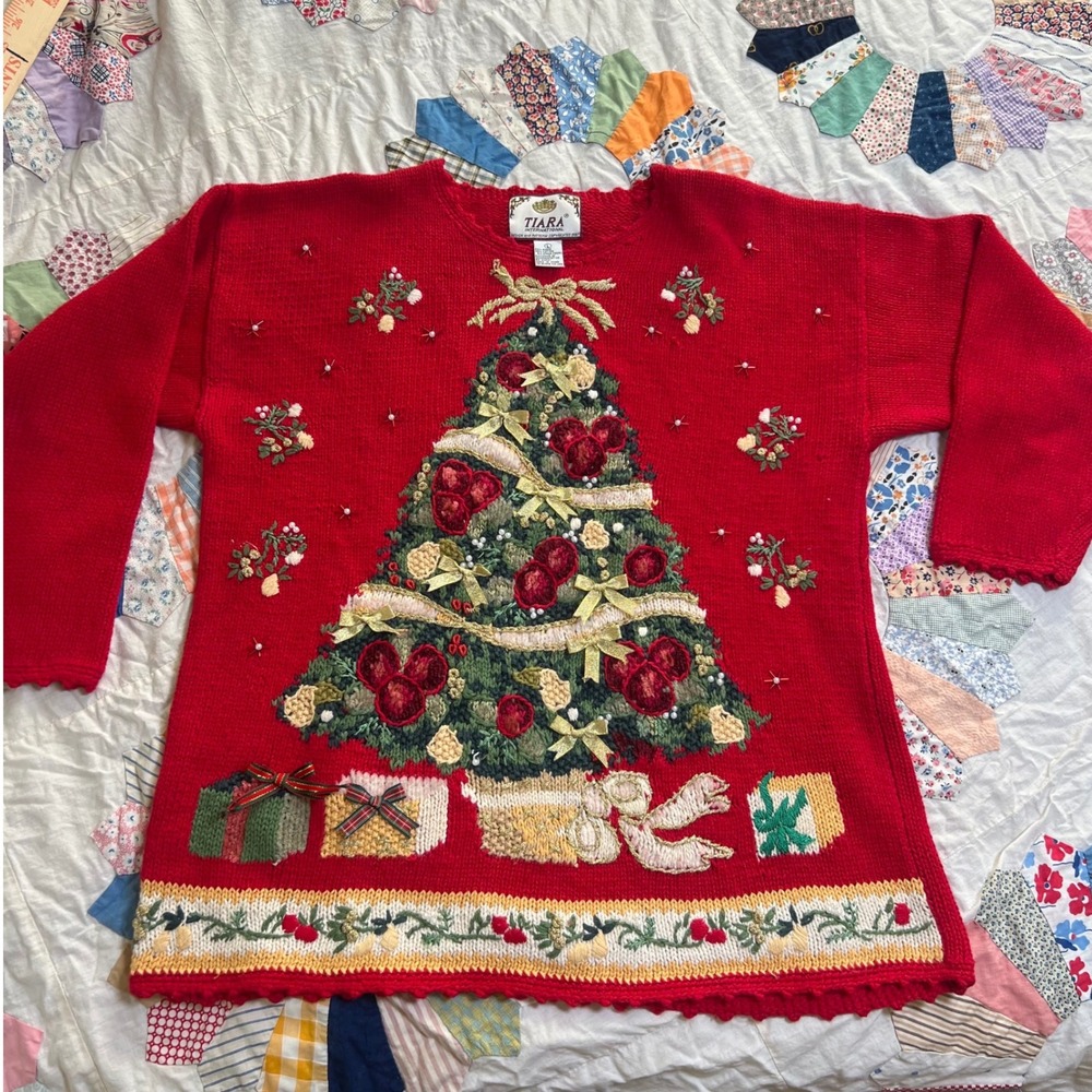 Tiara International 1997 Vintage Christmas Tree Sweater Red Embellished Large